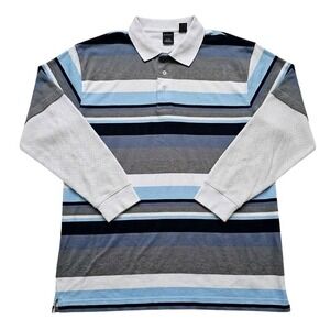 Karl Kani Polo Shirt Long Sleeve Striped Blue Grey White Mens XXL Y2K HIP HOP